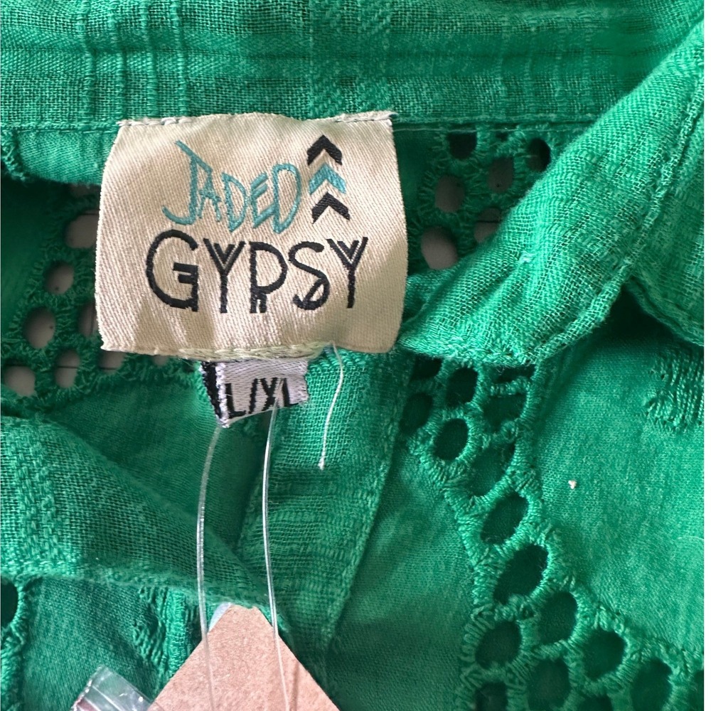 Jaded Gypsy Eyelet Midi Dress L/XL Green NEW Tag Cotton Button Front Tiered Boho - Picture 3 of 8